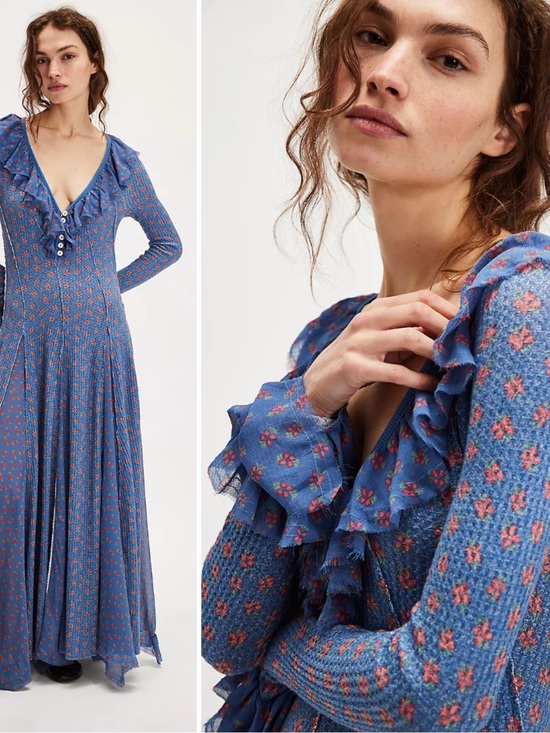 Free People Dresses & Skirts - Free People Blue Floral Ruffle V-Neck Maxi Dress